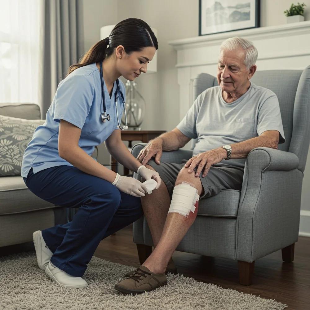 Caregiver helping an elderly patient with meals and daily care at home