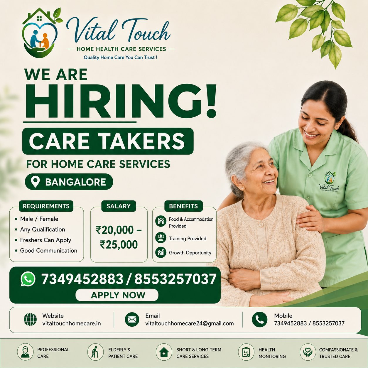 Vital Touch is hiring Care Takers for home care services in Bangalore