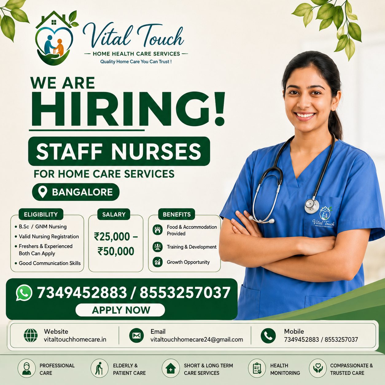 Vital Touch is hiring Staff Nurses for home care services in Bangalore