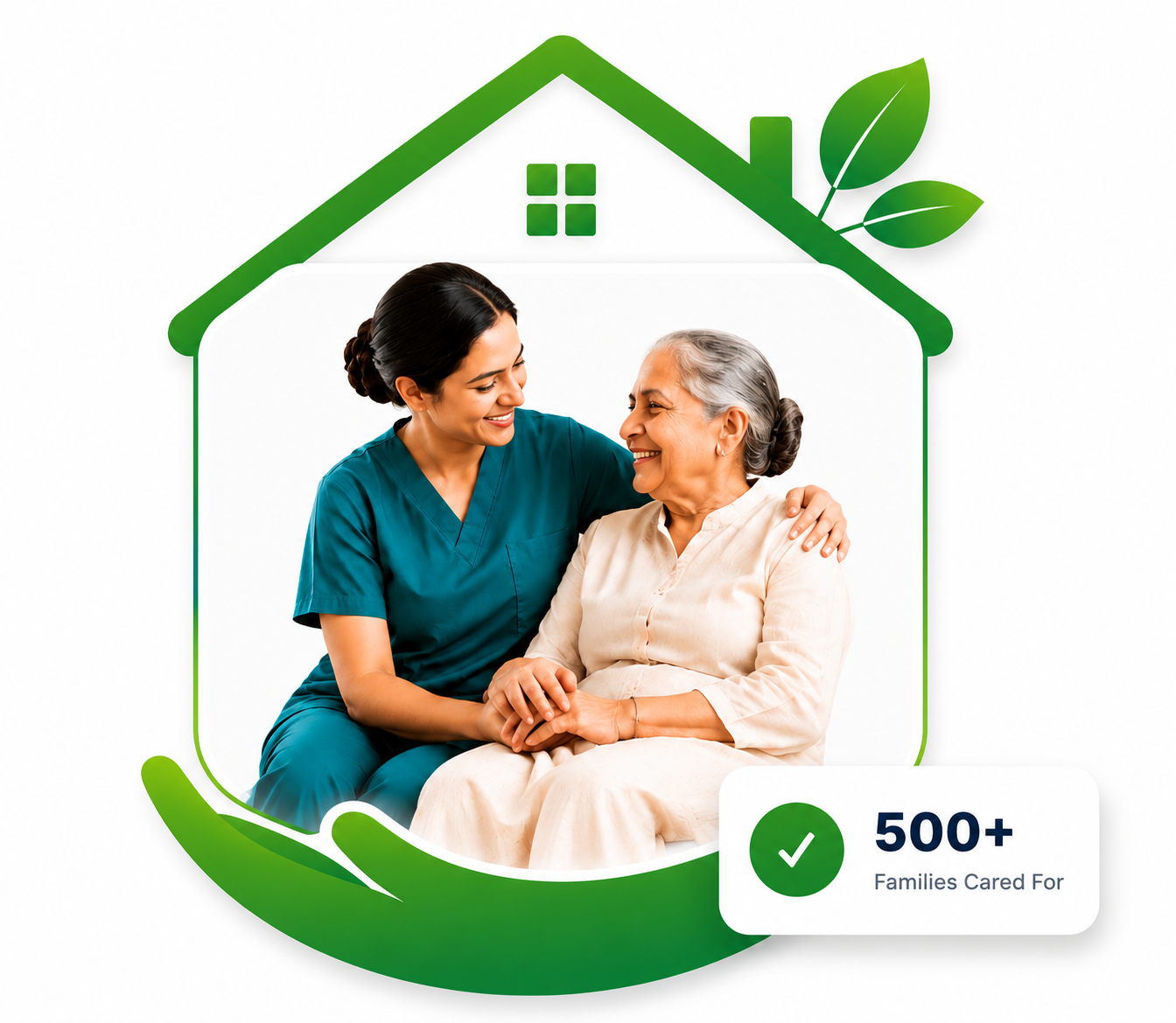 Vital Touch caregiver holding hands with an elderly patient, framed by a house-shaped card representing home healthcare — 500+ families cared for