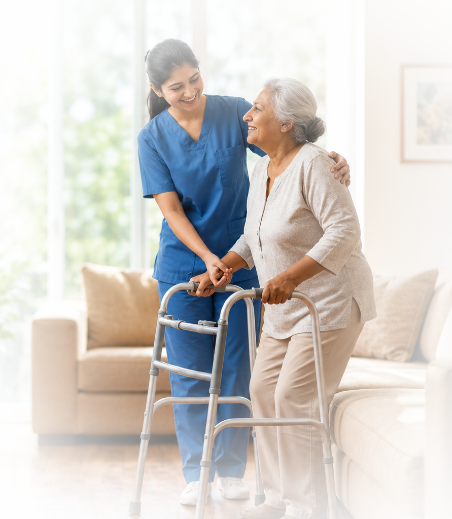 Vital Touch caregiver assisting an elderly woman with a walker at home