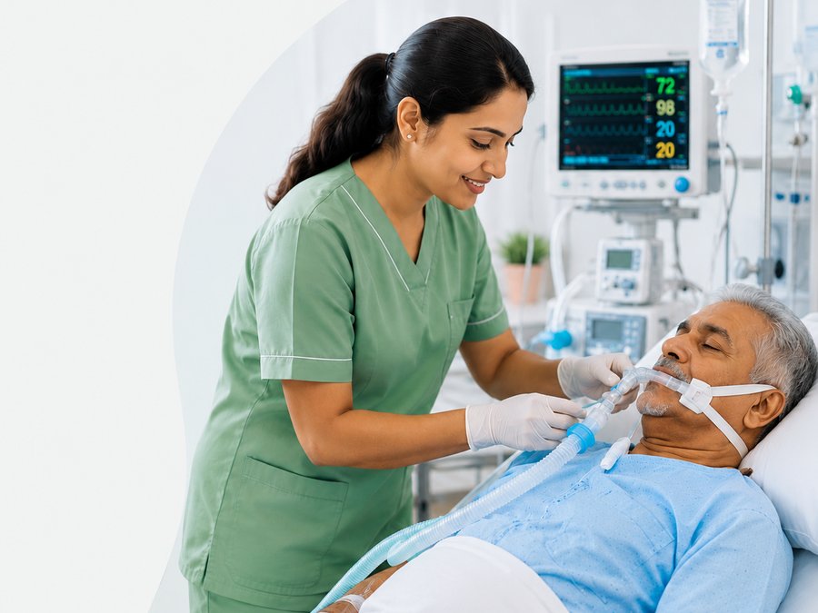 Nurse attending to a patient on ventilator support in ICU