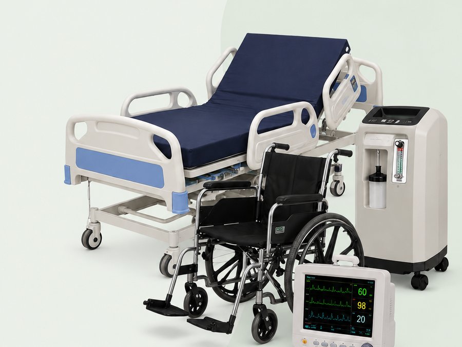 Hospital bed, wheelchair, oxygen concentrator and patient monitor