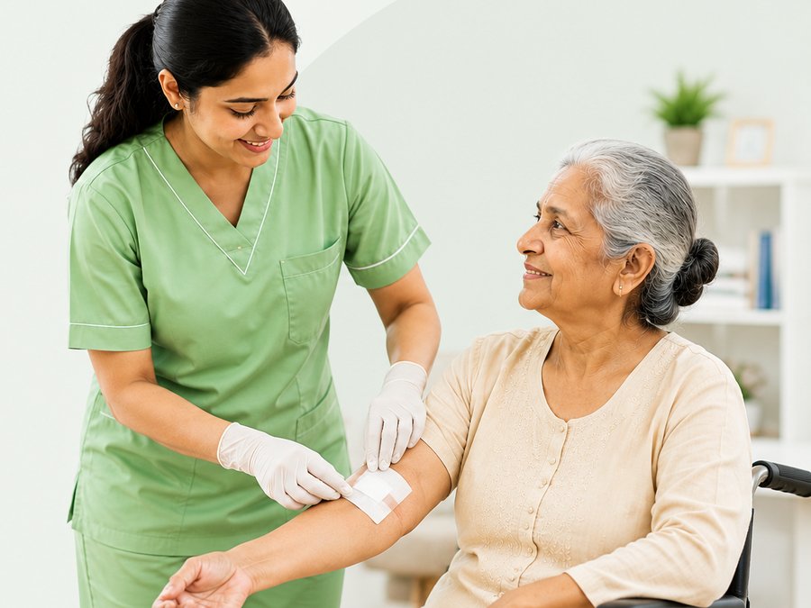 Nurse providing wound care to an elderly patient