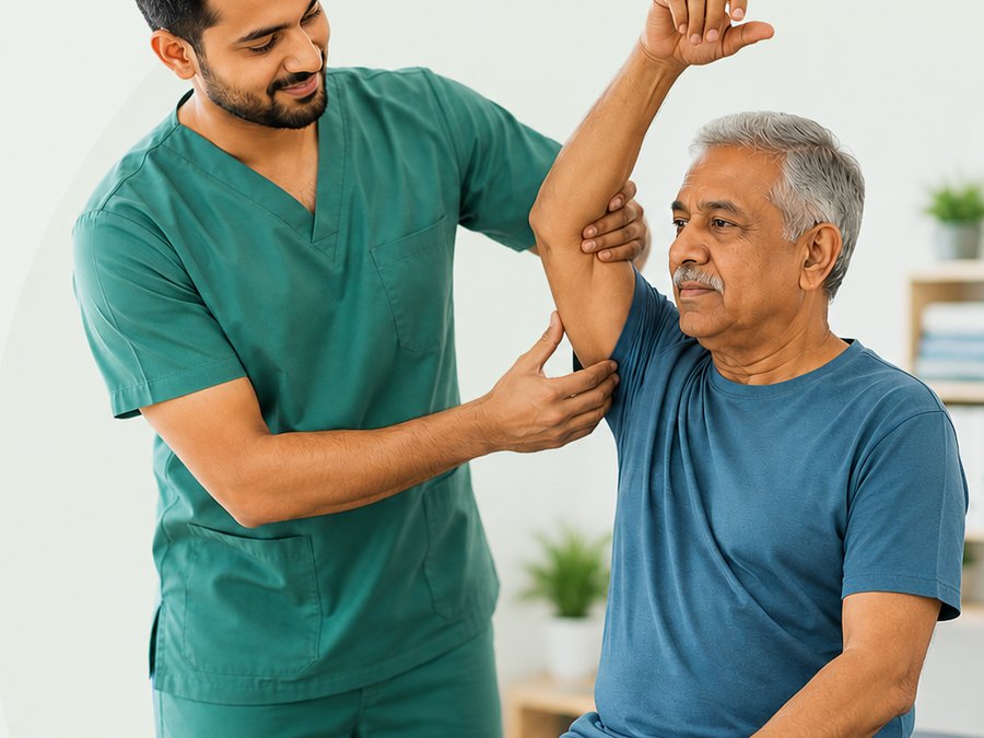 Physiotherapist assisting an elderly man with arm rehabilitation